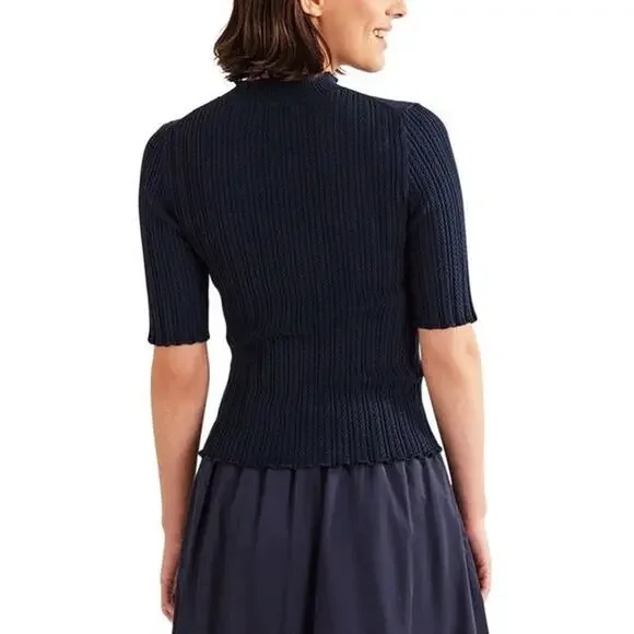 Boden Pointelle Rib Knit Mock Neck Top Knit Short Sleeve Lettuce Trim Sweater - Picture 2 of 10